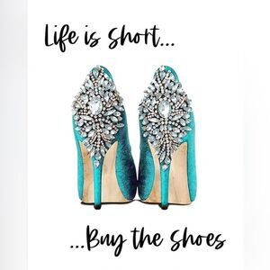 Life Is Short Buy The Shoes Blue Glam Designer Wall Art Decor HI Fashion Design